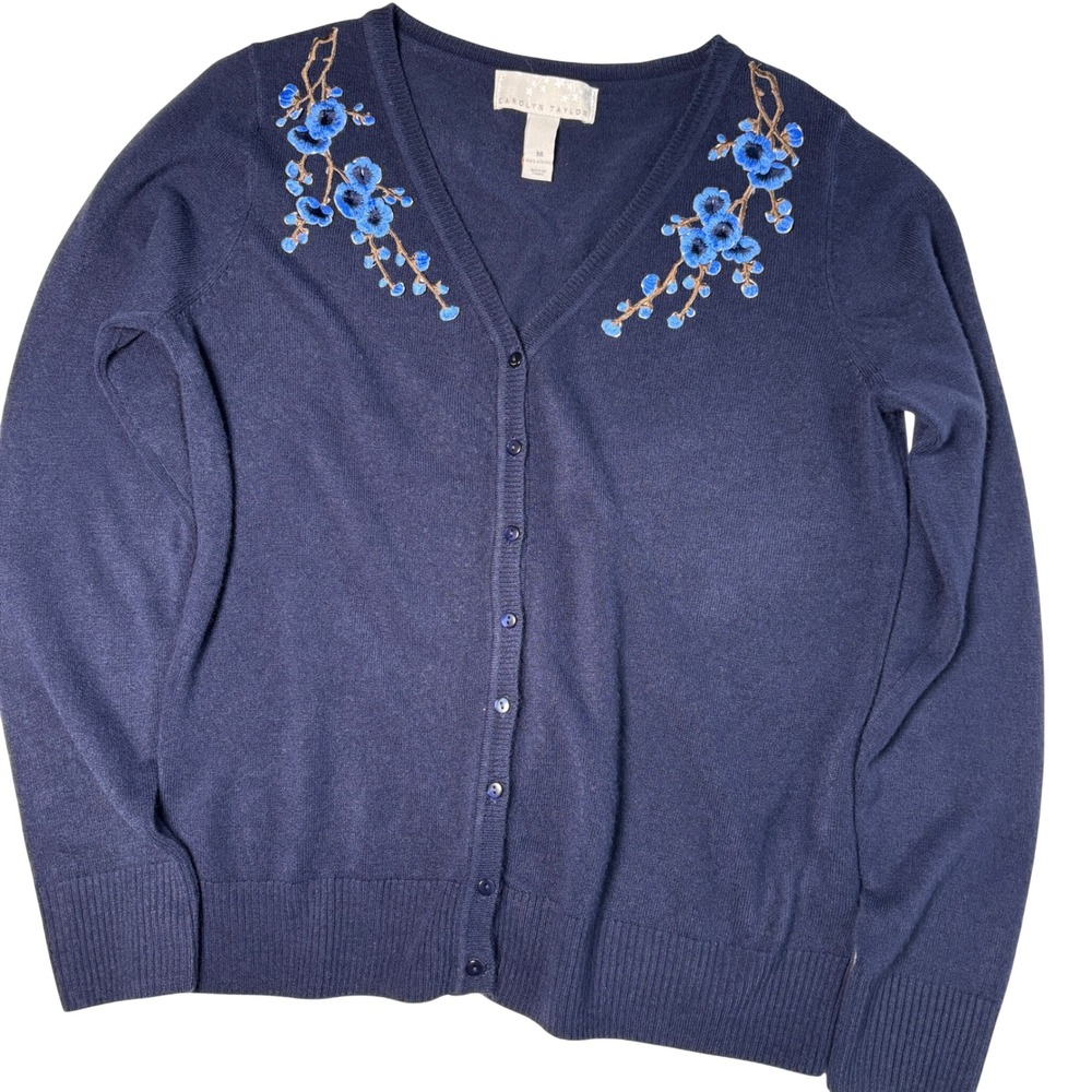 90's Med Cardigan Navy Blue Floral V-Neck Knit Cottage Sweater Carolyn Taylor